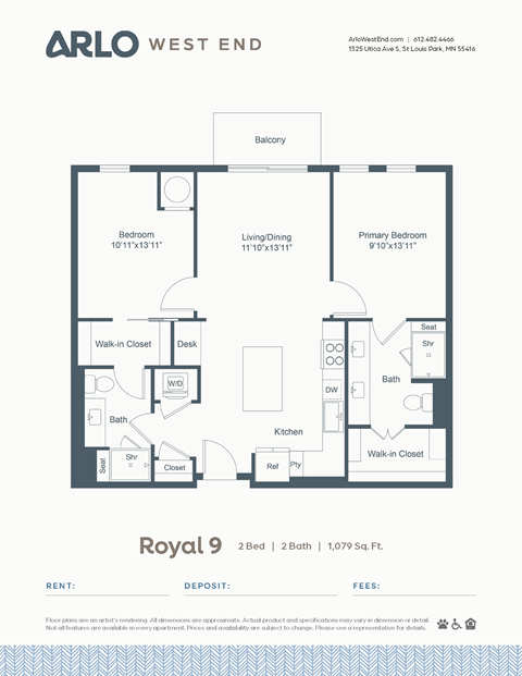 Floor plan for 2 beds, 2 baths, 1079 sqft